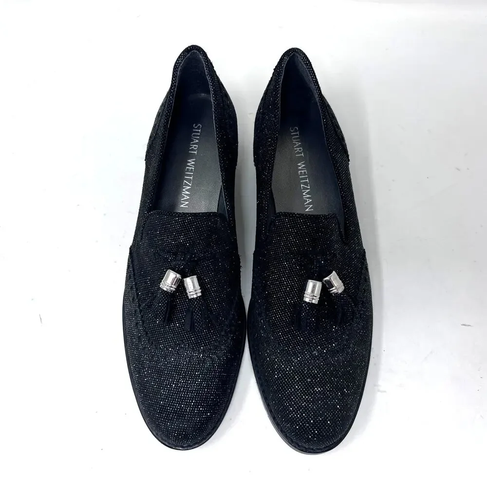 Stuart Weitzman Guy Thing Black Glitter Tassel Block Heel Loafers Womens 8.5 M‎